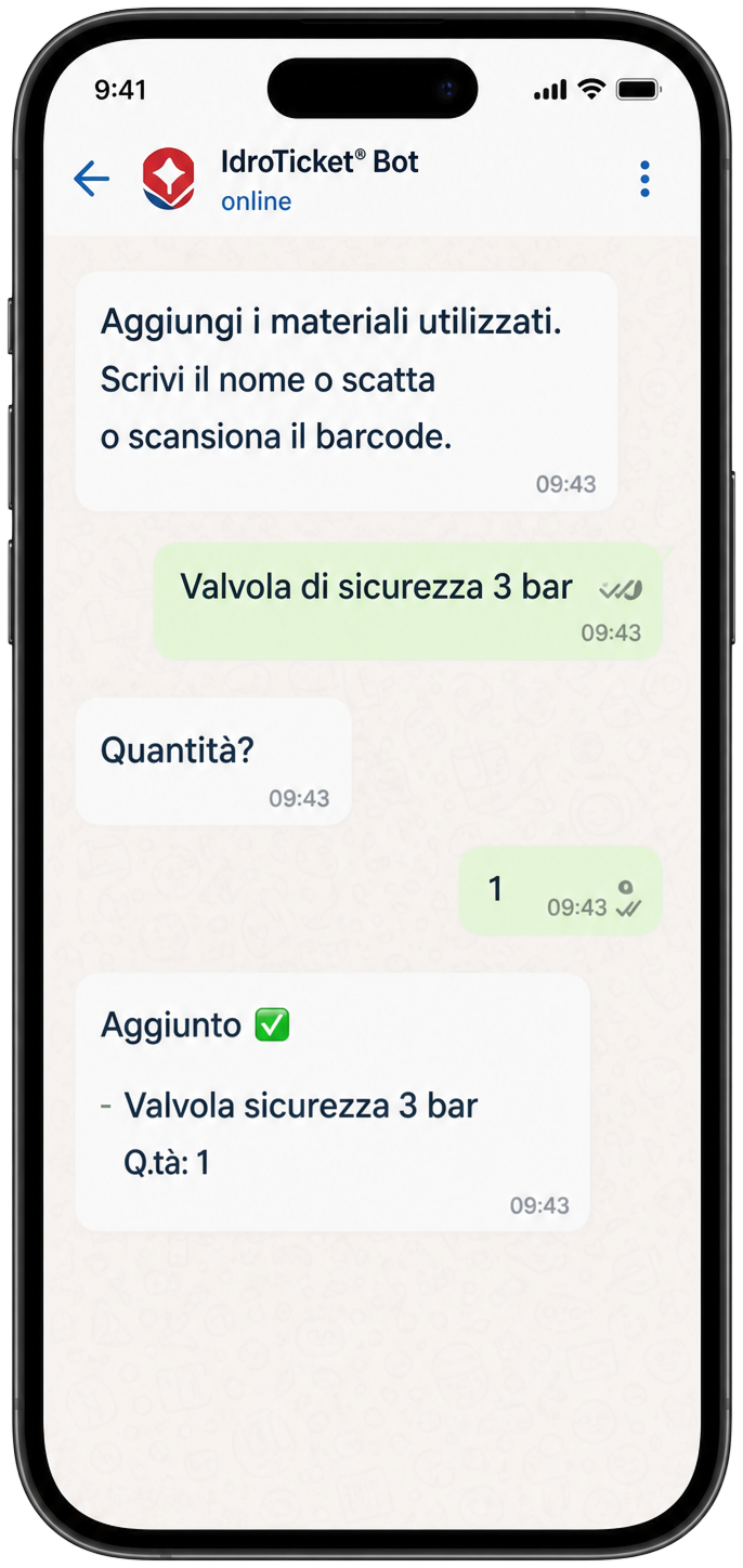 Materiali e quantità confermati in chat