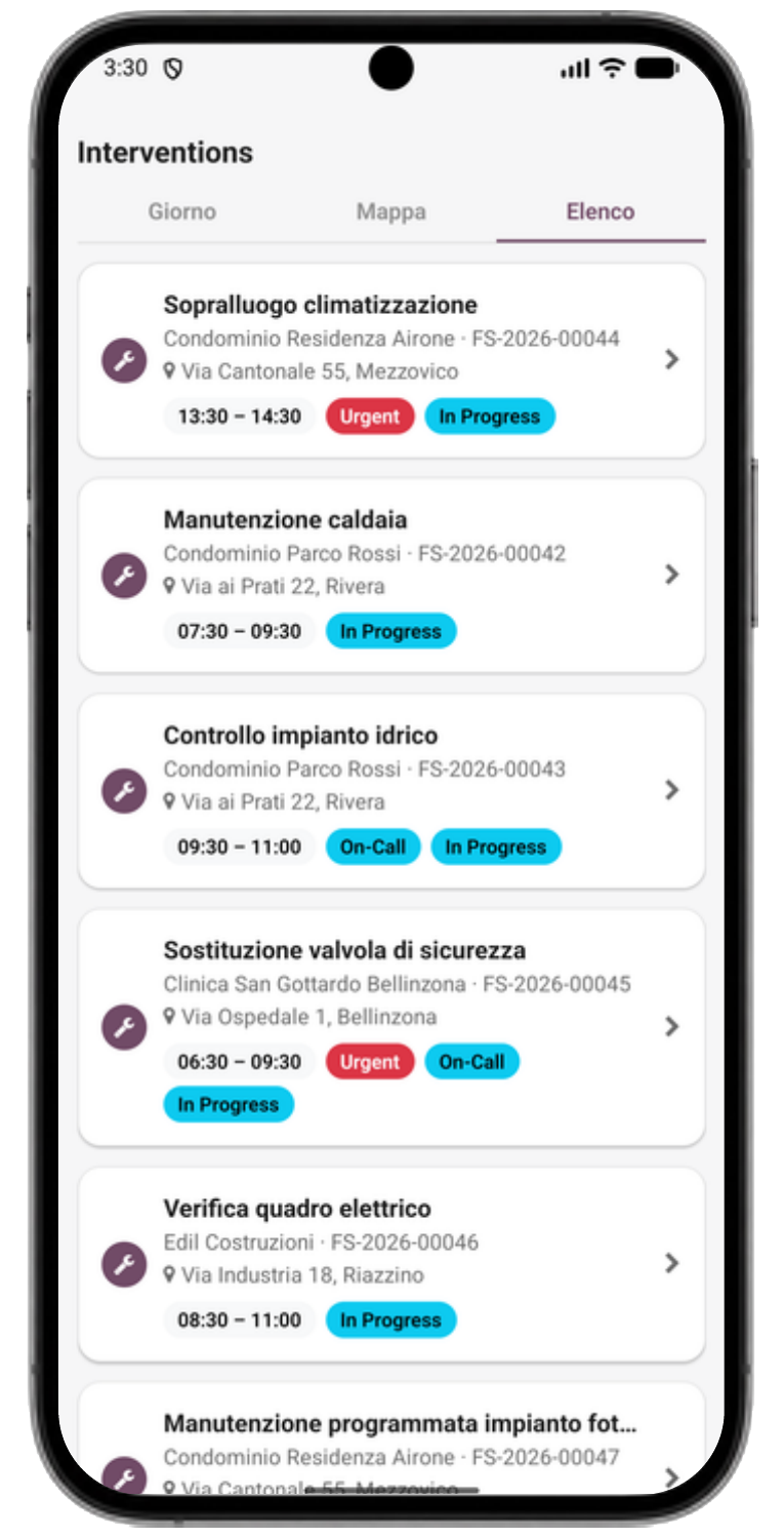 Field Service App: interventi del giorno su mappa